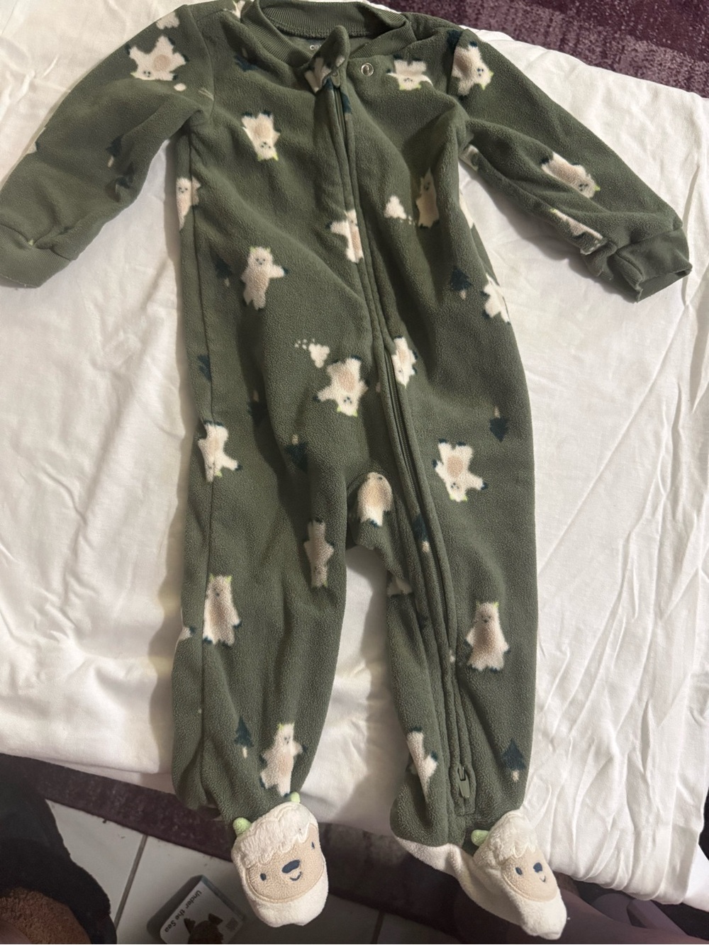 Kids One-Piece Fleece Footed Pajamas in Olive Green with Bear Print